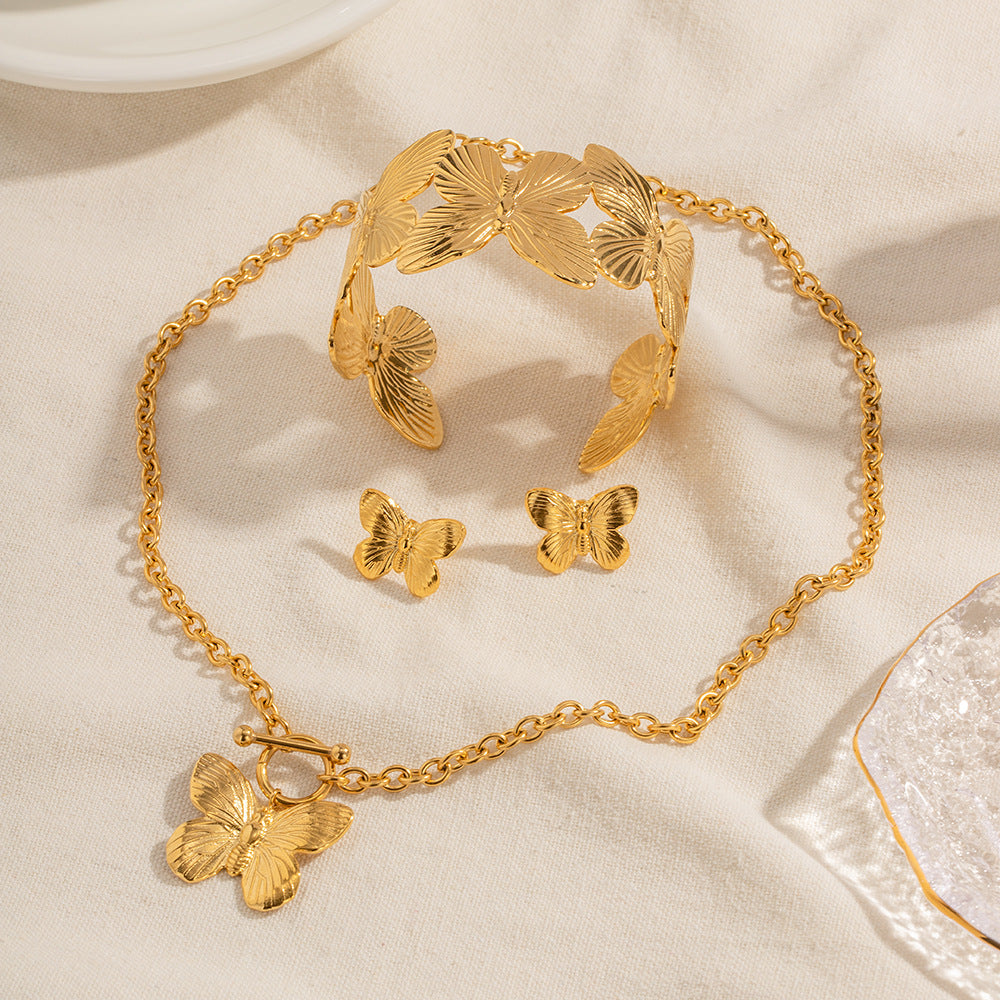 Wholesale 18k Gold-plated Stainless Steel Butterfly Necklace Bracelet Earring Set